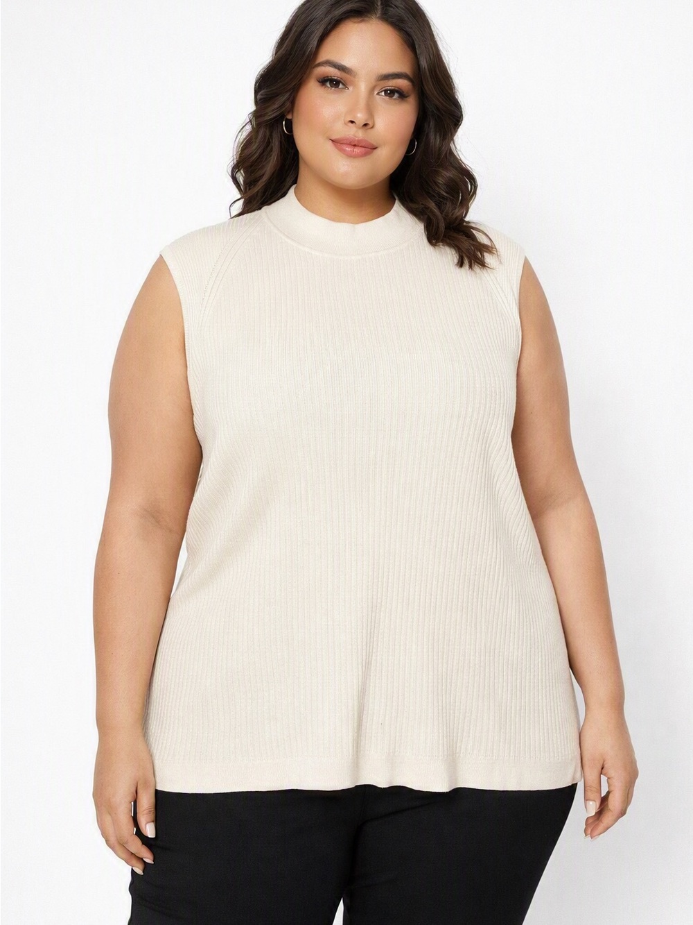 5/$25 Laura a Plus Sleeveless Mock Neck Ribbed Top in Cream